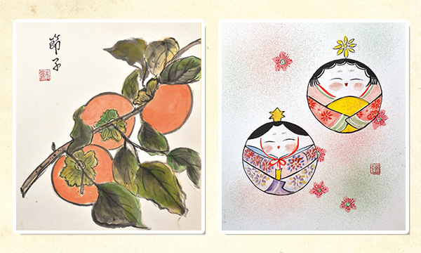 季節の行事や野菜などを描いた色紙